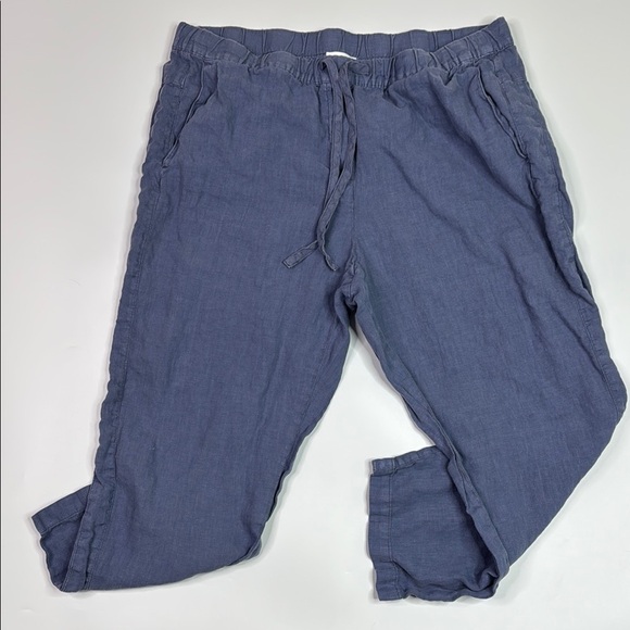 Pure Jill Blue Linen Cropped Drawstring Stretch Waist Pants Size Large - Picture 1 of 10
